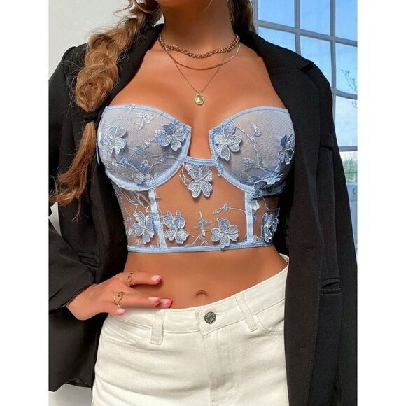 LUXE Romantic Floral Mesh Underwire Crop top - BLUE - Picture 7 of 8